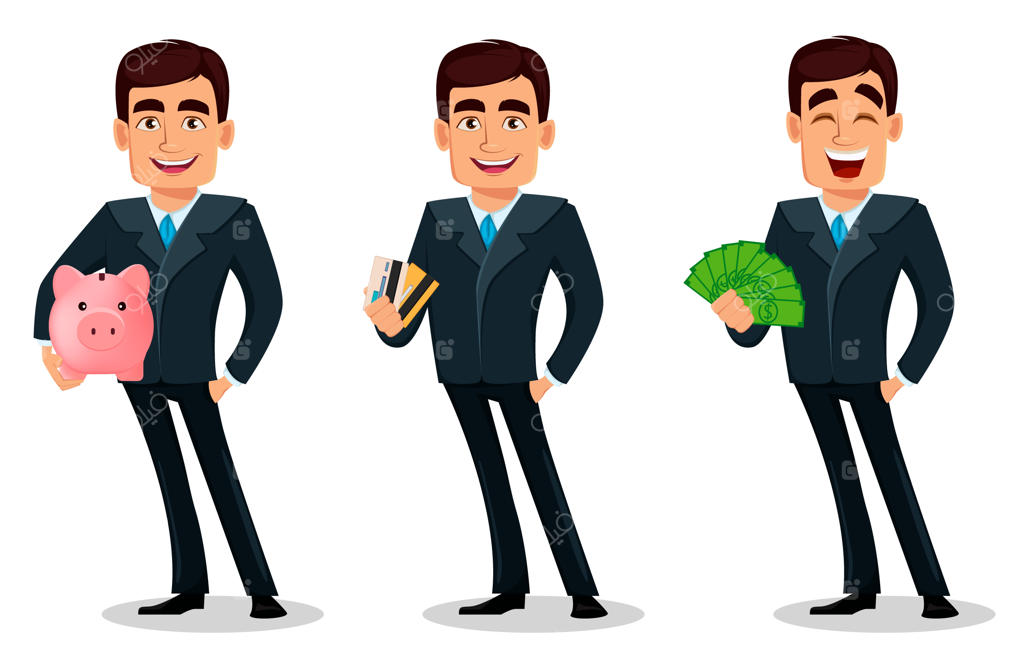 شخصیت کارتونی تاجر با لباس رسمی در سه حالت مختلف