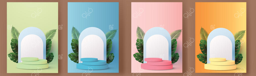 مجموعه طرح سه‌بعدی جایگاه هندسی با مفهوم گرمسیری و طبیعی برای نمایش، با پس‌زمینه سبز و صحنه‌ای انتزاعی و مینیمال جهت ارائه محصول