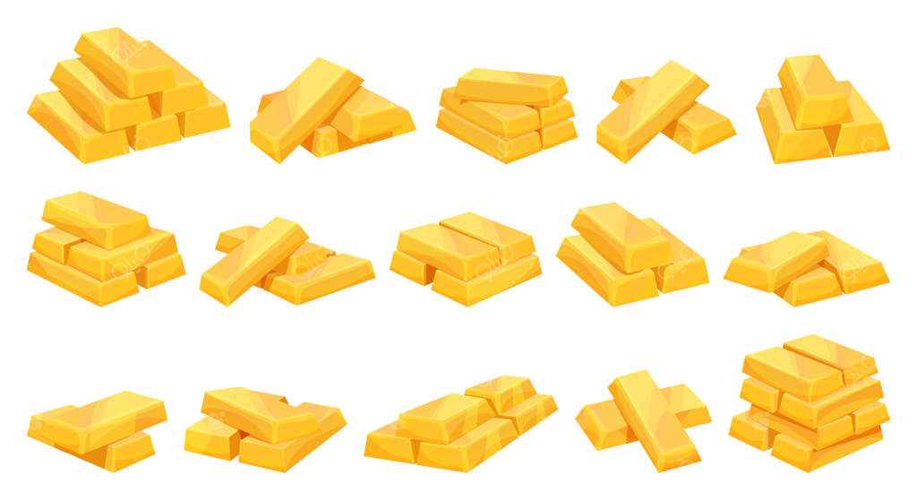 مجموعه آیکون کارتونی شمش طلا. تصویر شمش طلا روی زمینه سفید. مجموعه آیکون کارتونی شمش طلای جداگانه.