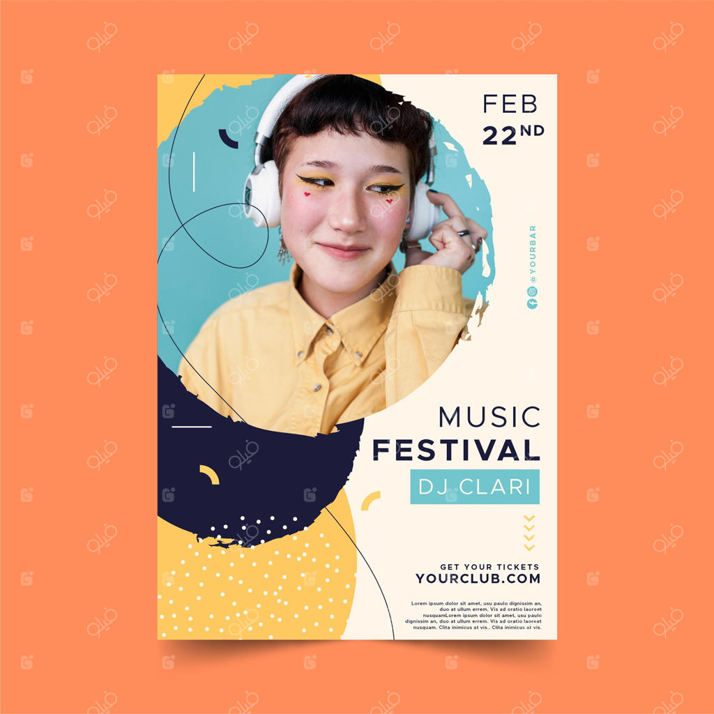 قالب پوستر رویداد موسیقی با تصویر زنی با هدفون