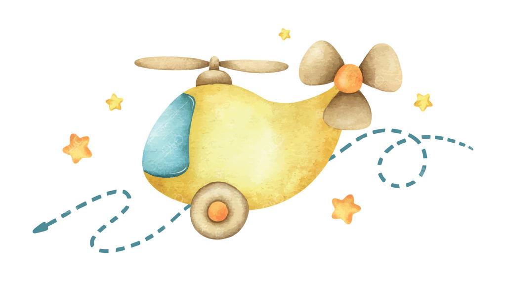 بالگرد زرد کودکان، فلش و ستاره‌ها. تصویرسازی آبرنگی از حمل و نقل هوایی برای بچه‌ها. ترکیب کودکانه از هواپیما برای کارت‌های جشن تولد و نامزدی کودکانه.