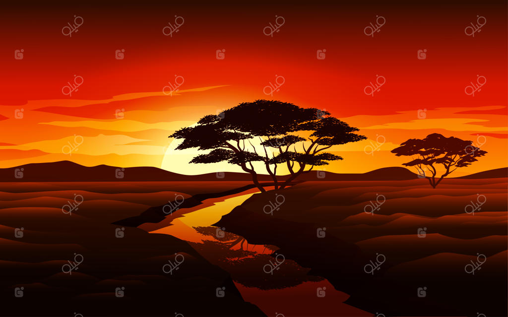 منظره غروب خورشید با طراحی مینیمال و رودخانه زیبا