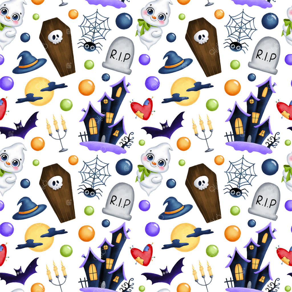 الگوی کارتونی جذاب هالووین: ارواح، خانه متروکه، تابوت، قبر، جمجمه، ماه کامل، خفاش، شمع و عنکبوت برای کاغذ دیجیتال.
