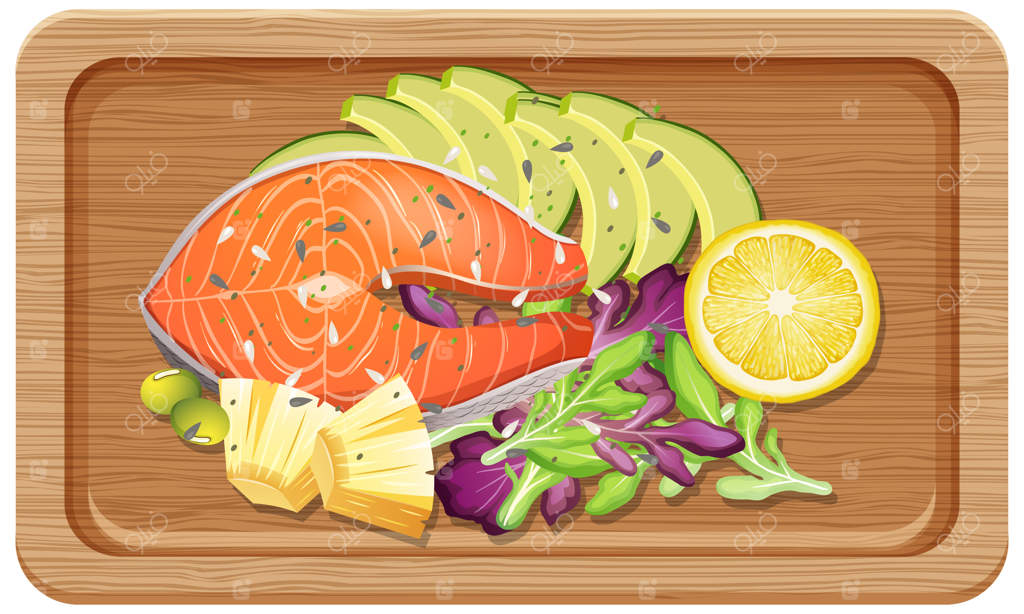 نمای بالای فیله ماهی سالمون روی سینی چوبی