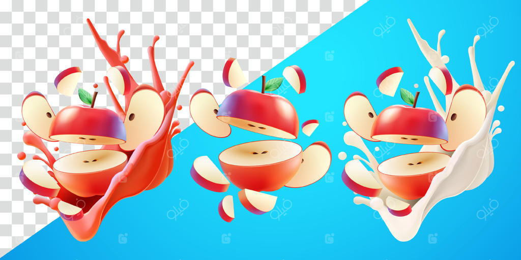 برش‌های سیب با ترشح شاداب آب و شیر تازه، مناسب برای تزئینات، عناصر مواد غذایی و نوشیدنی‌ها