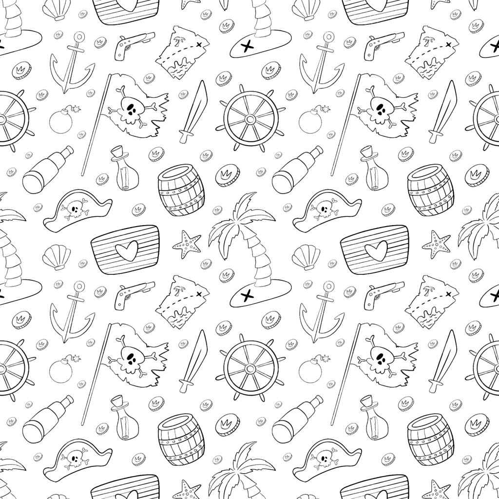 الگوی یکپارچه دزدان دریایی کارتونی بامزه. الگوی دزدان دریایی. صفحه رنگ‌آمیزی دزدان دریایی