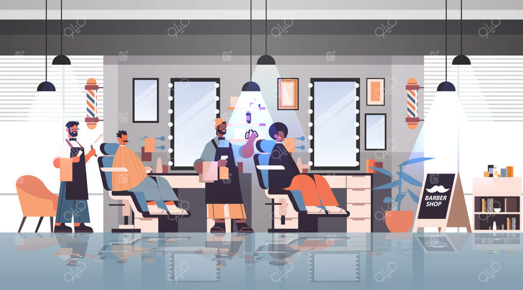 آرایشگران در یونیفرم در حال کوتاه کردن موی مشتریان مختلف‌نژاد - مفهوم مدل موی مدرن در فضای داخلی آرایشگاه - تصویرسازی افقی در حالت تمام قد