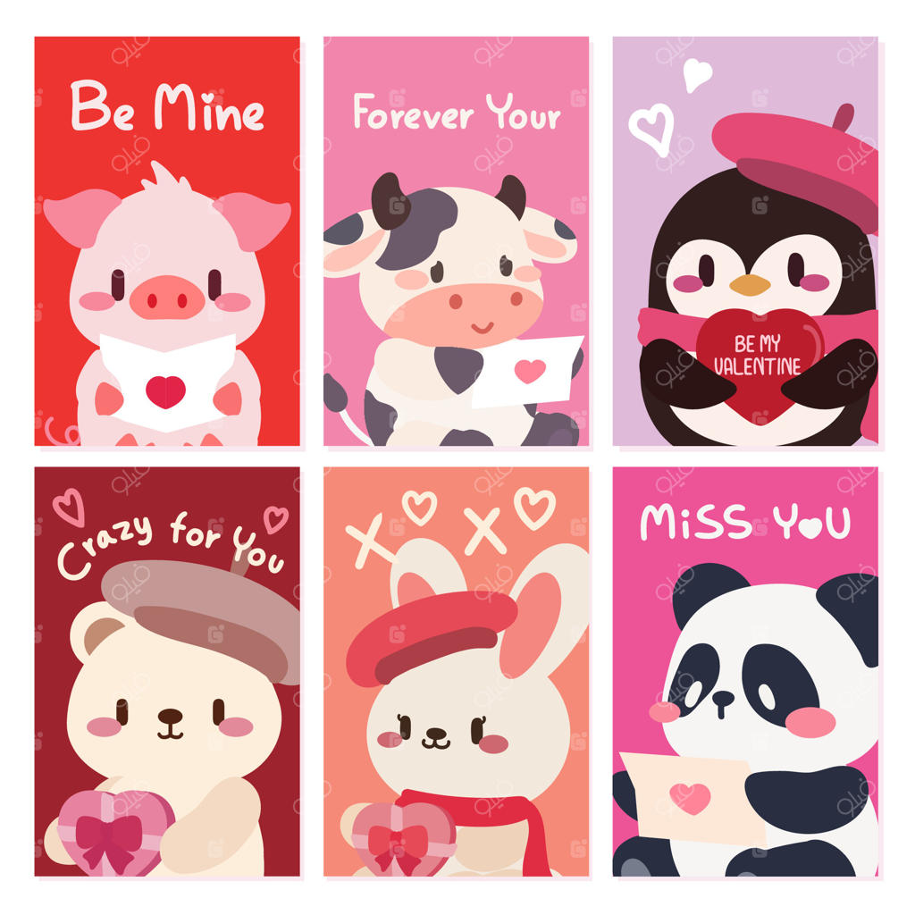 مجموعه‌ای از کارت‌های ولنتاین دوست‌داشتنی با شخصیت‌های حیوانات کیوای، شامل خوک، گاو، پنگوئن، خرس، خرگوش و پاندا که قلب‌ها را در دست دارند و پیام‌های عاشقانه ارسال می‌کنند.