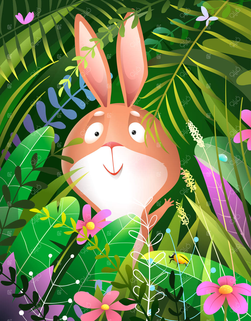 کارت پستال بچگانه با طرح بچه‌خرگوش بامزه: سرک کشیدن از میان علف‌ها و گل‌ها در جنگل. کارت پستال خرگوش شاد برای کودکان. تصویرسازی به سبک آبرنگ.