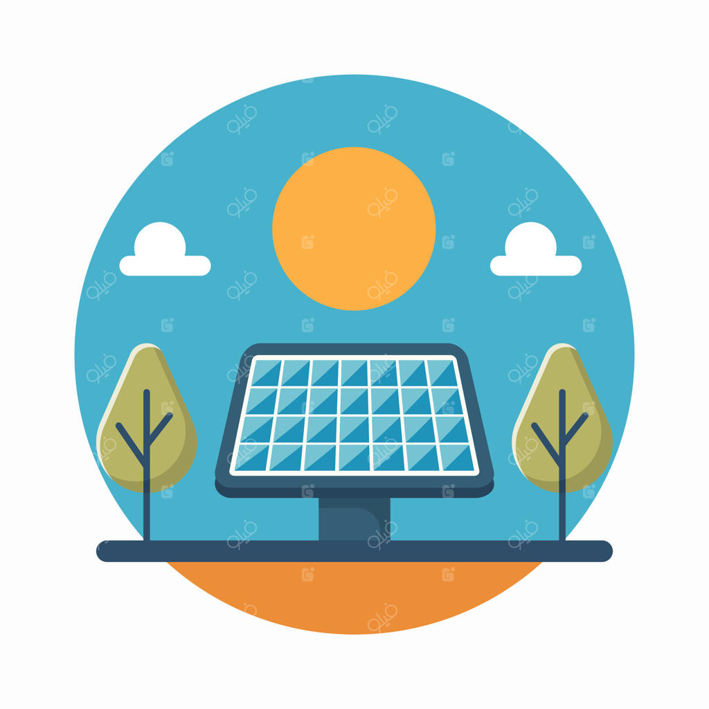 پنل خورشیدی در میان انرژی طبیعت - تصویرسازی کارتونی با طراحی ساده