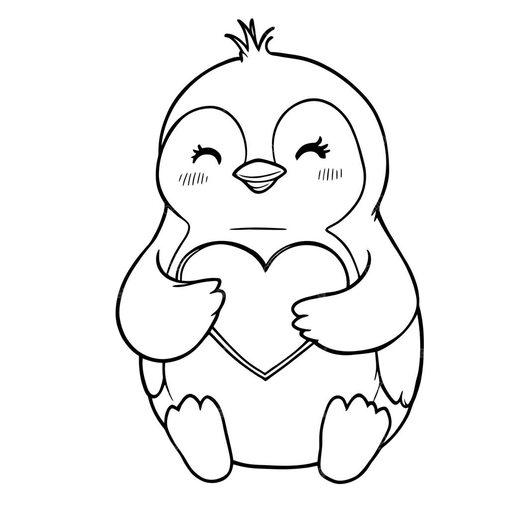 پنگوئن بامزه در آغوش قلب - طرح نقاشی پنگوئن برای صفحات رنگ‌آمیزی و پروژه‌های هنری