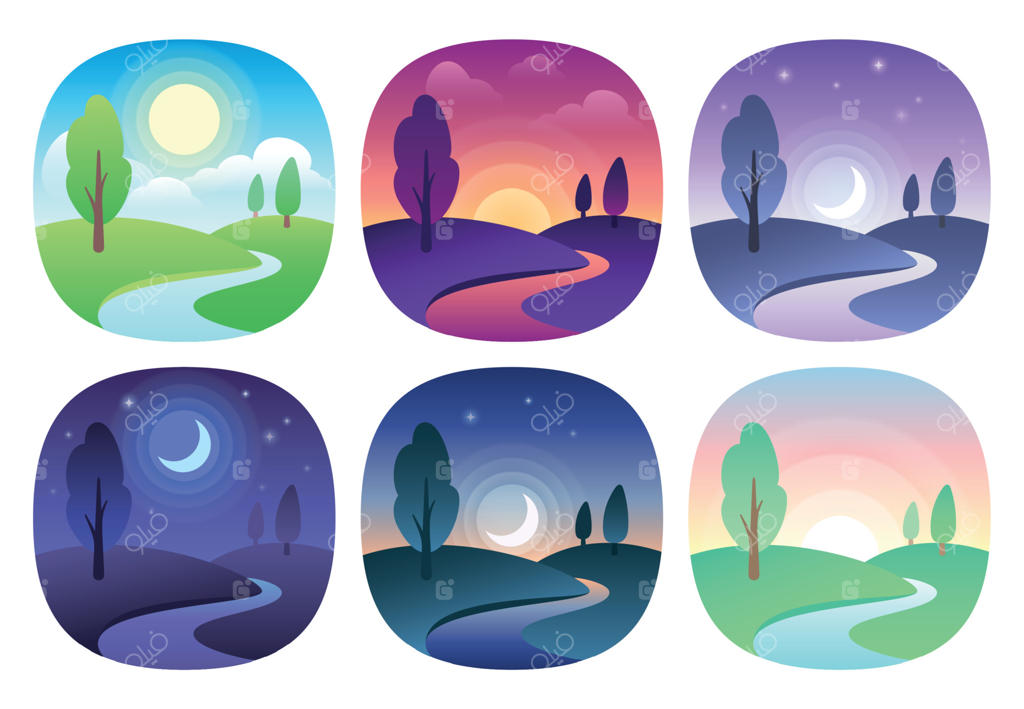 منظره مدرن و زیبا با گرادیان‌ها: مجموعه آیکون‌های خورشید در سپیده‌دم، صبح، روز، ظهر، غروب، شامگاه و شب.