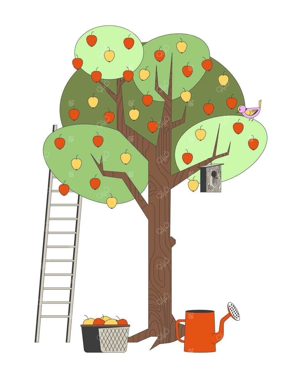 تصویری دو‌بعدی از درخت سیب با خانه پرنده و نردبان. سبد سیب‌های برداشت‌شده، آب‌پاش. ابزارهای باغبانی، صحنه‌ی باغ میوه با پس‌زمینه سفید. تصویر کارتونی رنگارنگ