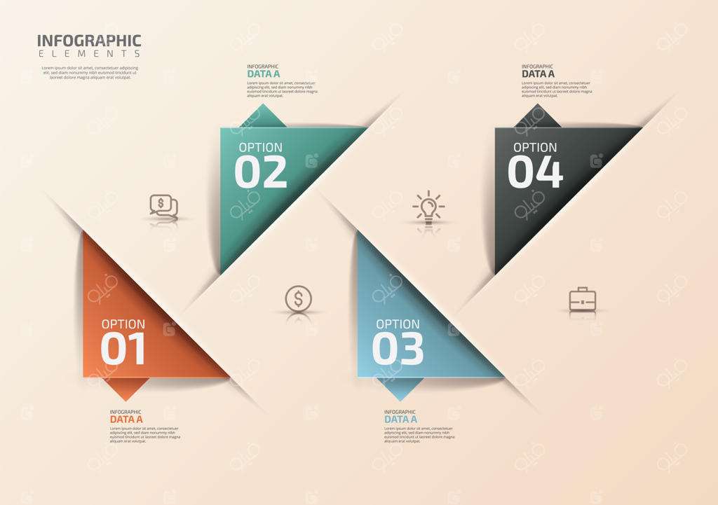 پترن طراحی اینفوگرافیک با آیکون‌ها و ۴ گزینه یا مرحله؛ مناسب برای نمودارهای فرآیند و غیره