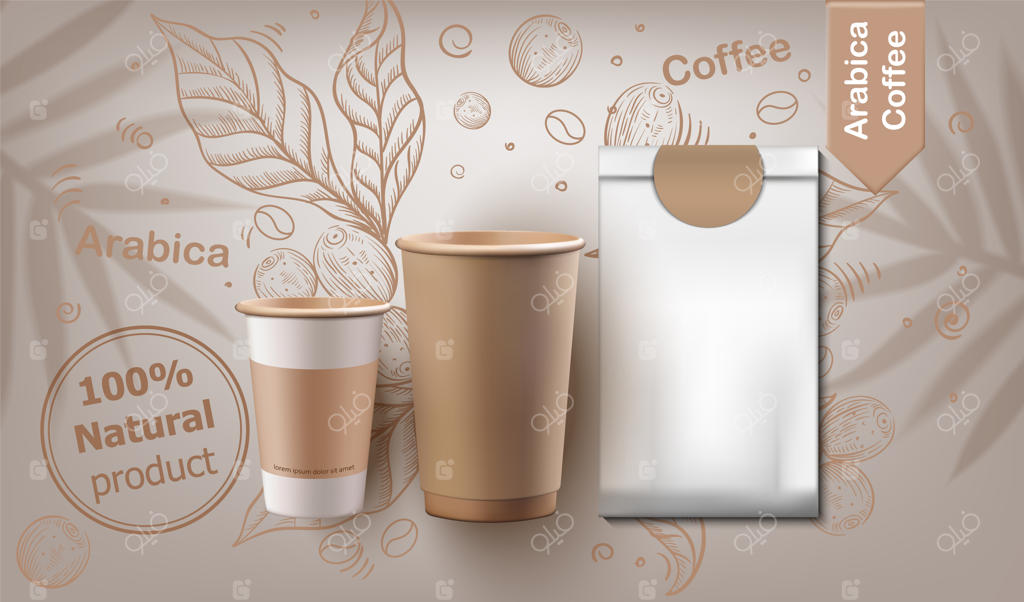 ست واقعی فنجان‌ها و بسته‌بندی قهوه