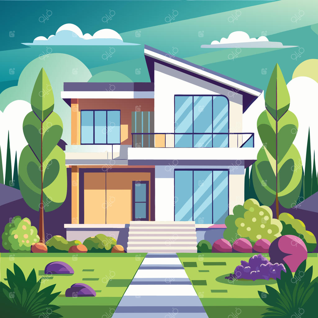 خانه مدرن با باغ و درختان در پس‌زمینه