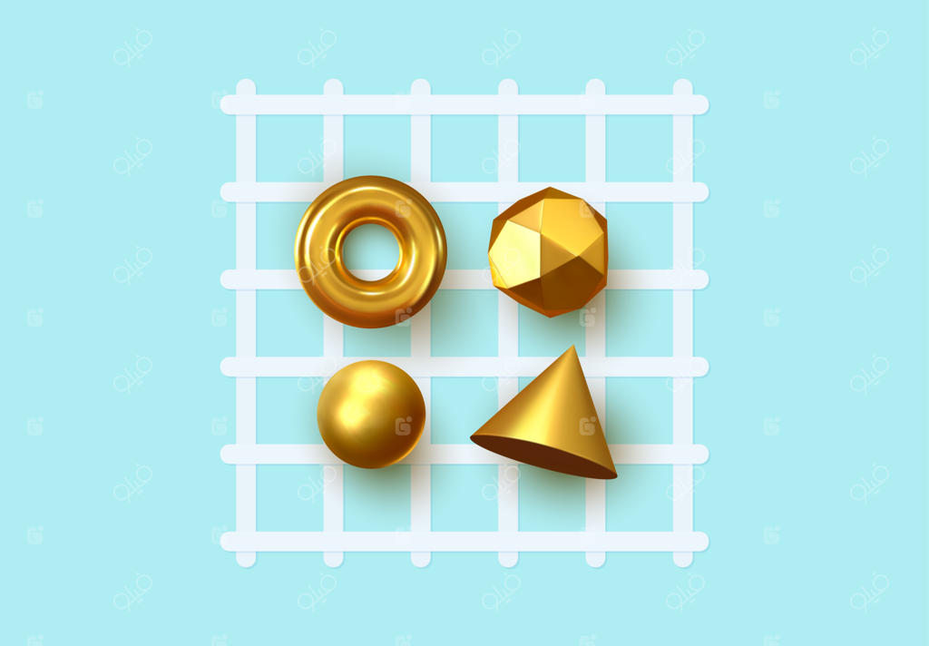 پس‌زمینه هندسی انتزاعی: شکل‌های سه‌بعدی، کره‌های طلایی، توروس‌ها، مخروط‌ها. طراحی هنری و مدرن مینیمال. تصویرسازی وکتور
