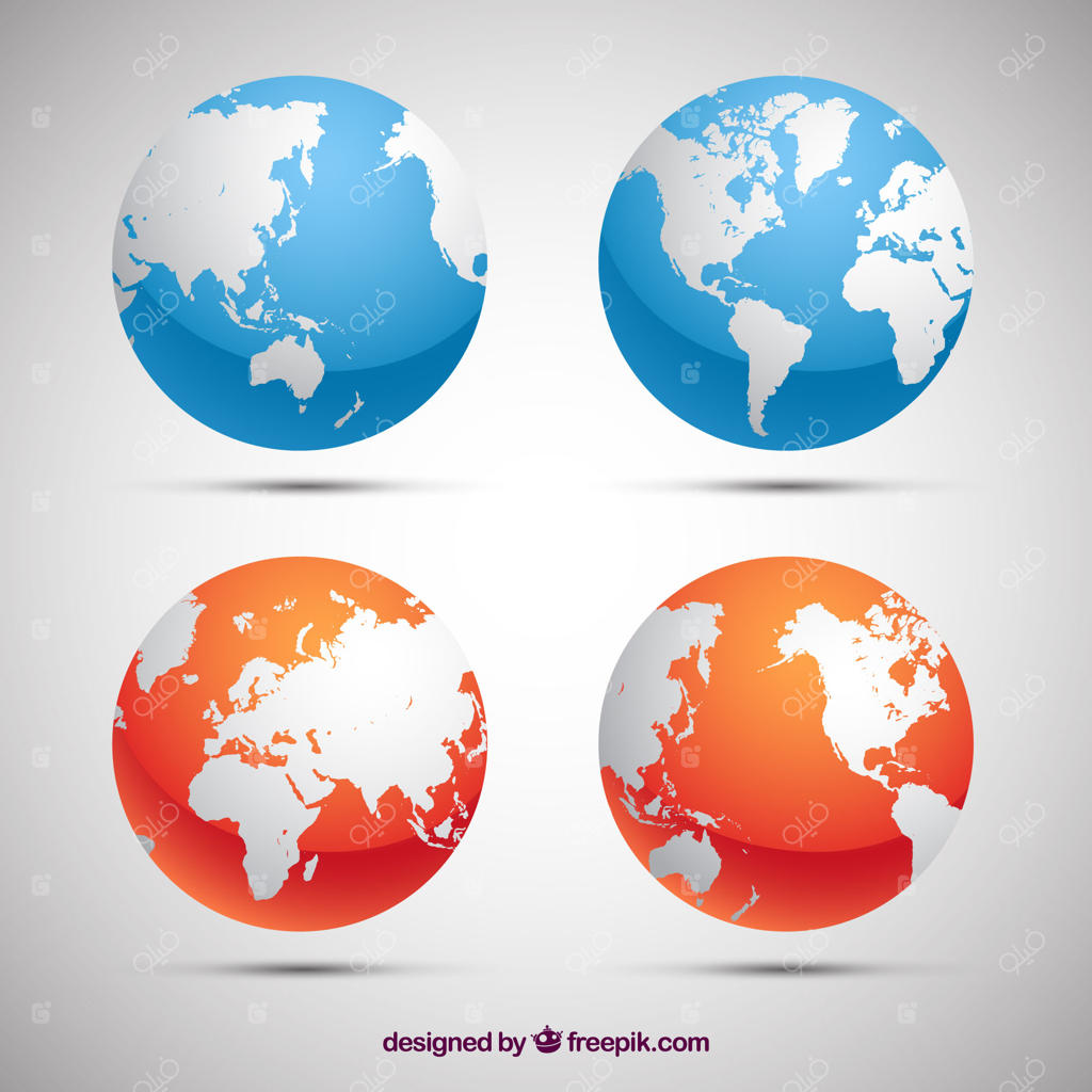 مجموعه‌ای از کره‌های زمین آبی و نارنجی