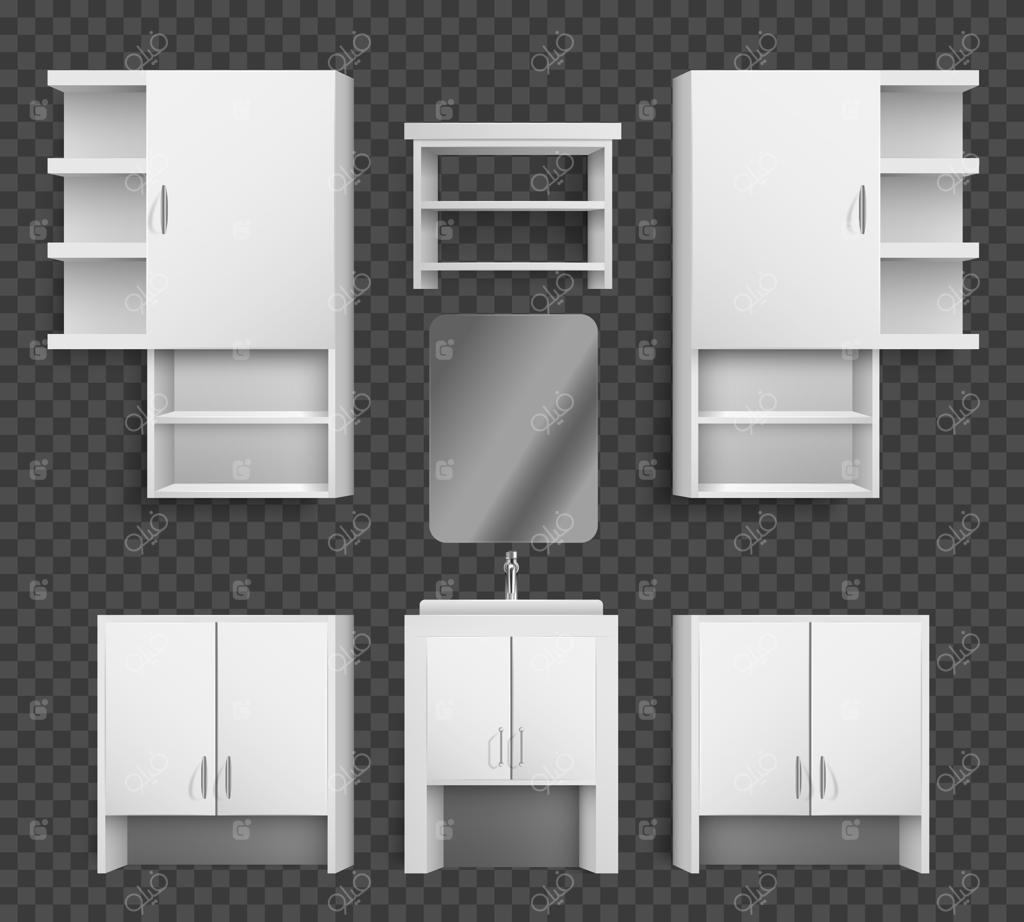 طرح واقعی کابینت‌ها، پیشخوان و قفسه‌های مدرن سفید آشپزخانه با پس‌زمینه شفاف به‌صورت تصویر وکتور