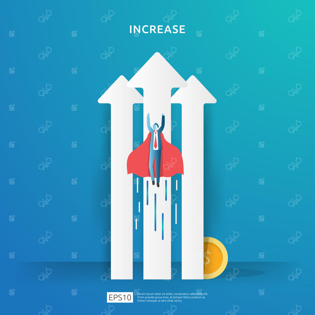 تصویرسازی مفهوم افزایش نرخ درآمد با شخصیت افراد و پیکان. عملکرد مالی بازگشت سرمایه. رشد سود تجارت، افزایش فروش و درآمد با نماد دلار.
