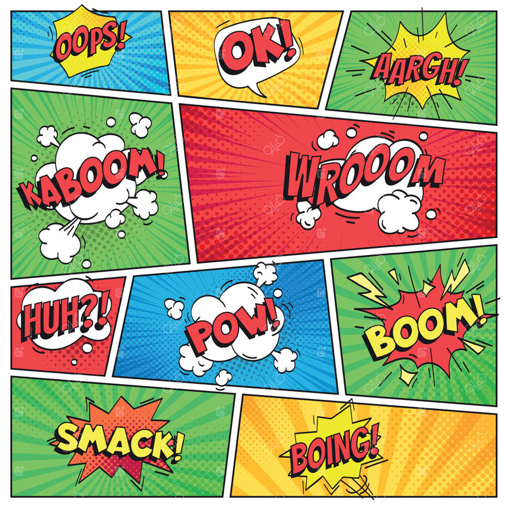 صفحه کمیک: طرح‌بندی قاب شبکه کتاب‌های کمیک با حباب‌های گفتگوی خنده‌دار شامل کلمات "اوپس"، "بَم"، "اسْمَک" در پس‌زمینه‌ای با نوارهای رنگی