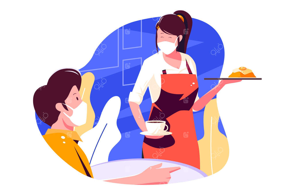 پیشخدمت با ماسک در حال سرویس‌دهی