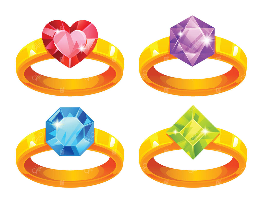 مجموعه‌ای از حلقه‌های طلایی با نگین‌هایی به اشکال قلب، الماس و مربع - تصویر کارتونی