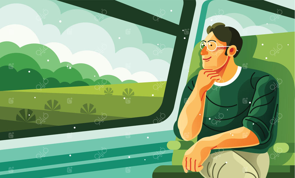 مرد در حال نگاه کردن به بیرون از پنجره قطار