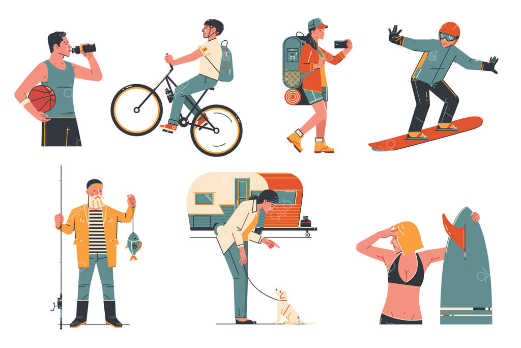 شخصیت‌های ساده در حال دوچرخه‌سواری و دویدن در فضای باز