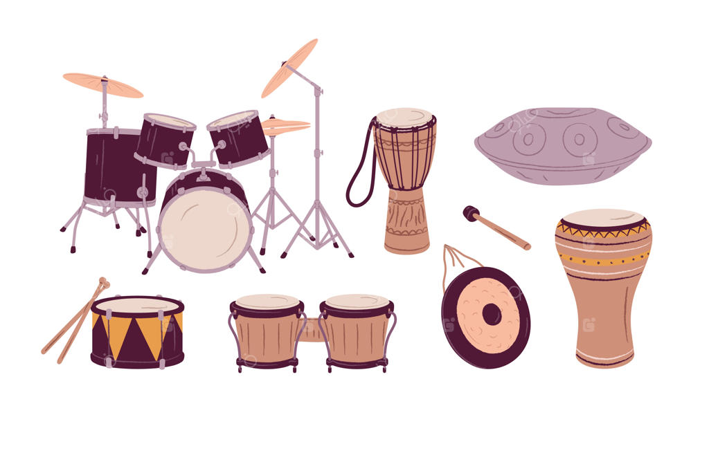 مجوعه‌ای از انواع مختلف سازهای کوبه‌ای: درام کیت با سنج، گونگ و چوب، بونگو آفریقایی، جیمبه چوبی و هنگ‌درام فلزی - تصویرسازی وکتور روی زمینه سفید