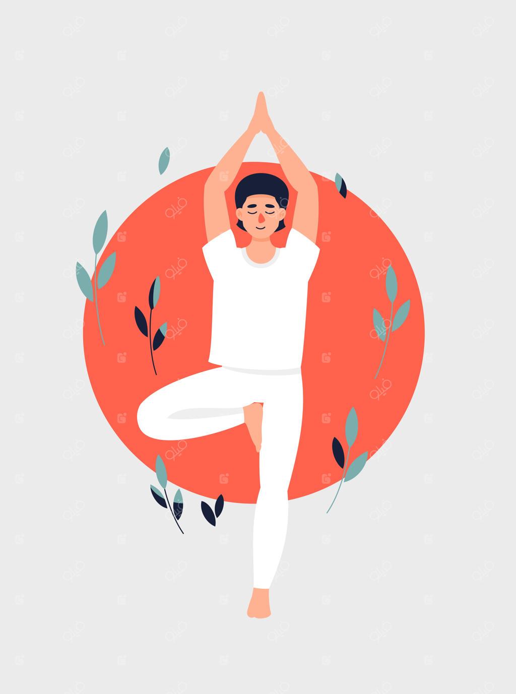 مردی سبزه در حال انجام یوگا در حالت درخت مقابل خورشید