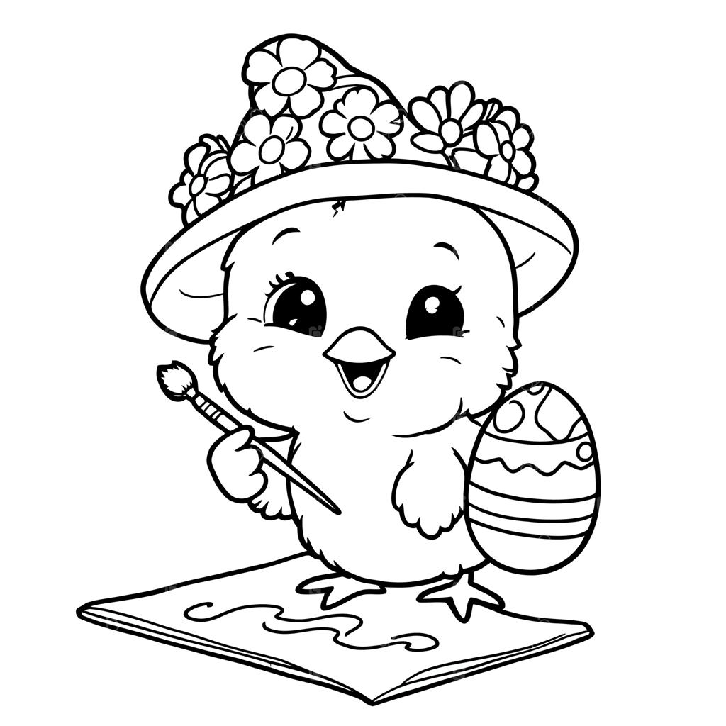 جوجه بامزه عید پاک با کلاه گل و قلمو در دست در کنار تخم‌مرغ رنگ شده برای صفحه رنگ‌آمیزی