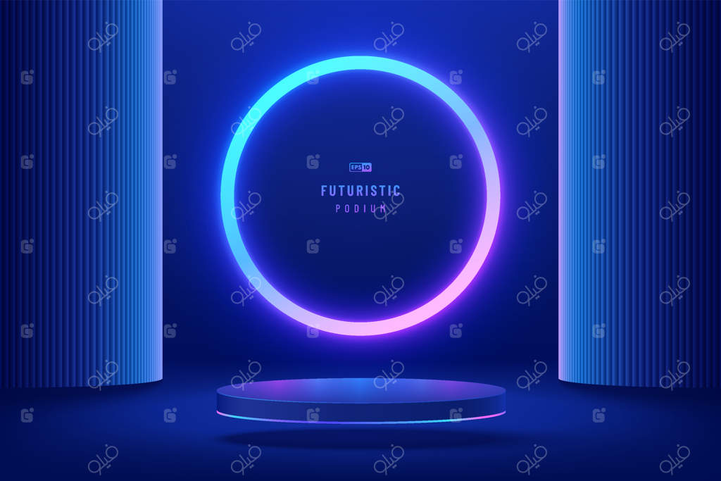 پایه استوانه‌ای سه‌بعدی آبی انتزاعی: اتاق تاریک علمی‌تخیلی با حلقه نئون دایره‌ای