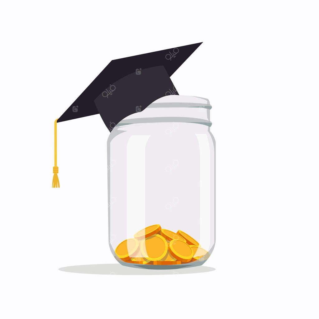 سرمایه‌گذاری در ایده‌های آموزشی: هزینه‌های مدرسه و تحصیل، شهریه، کلاه فارغ‌التحصیلی با سکه‌ها در یک شیشه - تصویر سازی به سبک تخت