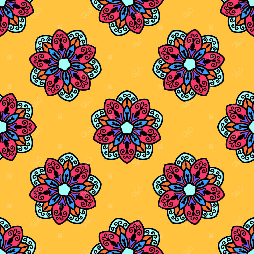 الگوی انتزاعی بدون درز با گل ماندالا؛ طرح کاشی، موزاییک و خال‌خالی. پس‌زمینه گل‌دار.