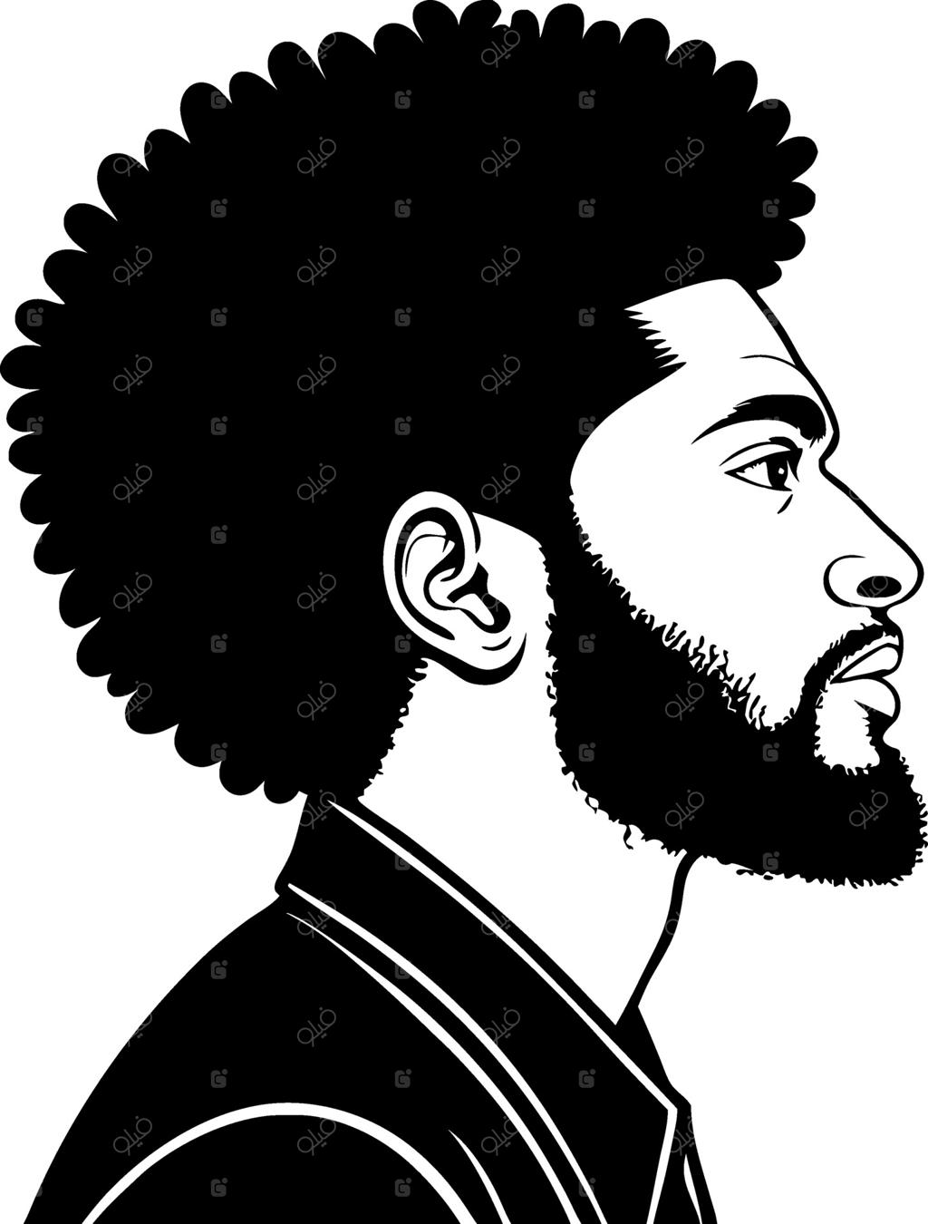 پرتره نیم‌رخ مرد جوان با موی افرو و ریش با طراحی مونوکروم