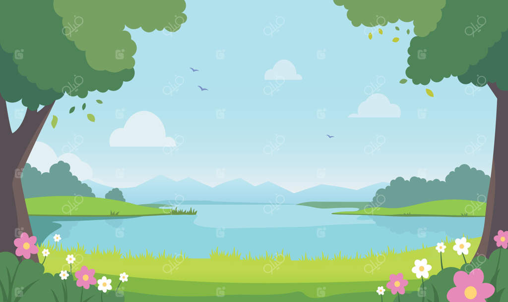 منظره طبیعی دریاچه و رودخانه در باغ پارک با گل‌ها و درختان در تابستان