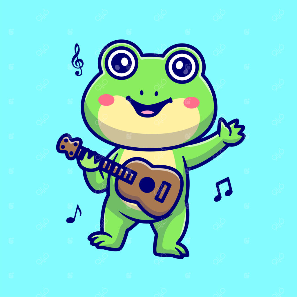 ایکن کارتونی قورباغه بامزه در حال نواختن گیتار - مفهوم آیکن موسیقی حیوانات