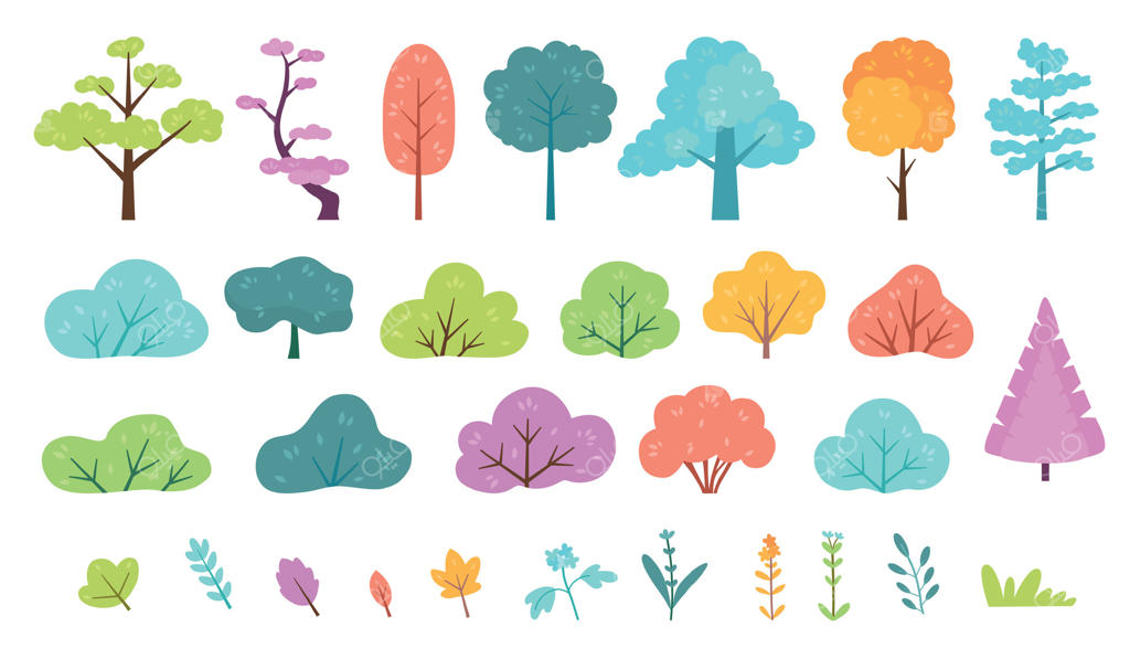 مجموعه عناصر منظره بهاری: درخت، بوته، علف، گیاهان وحشی و گلها به صورت کارتونی برای جنگل، دشت، پارک یا باغ