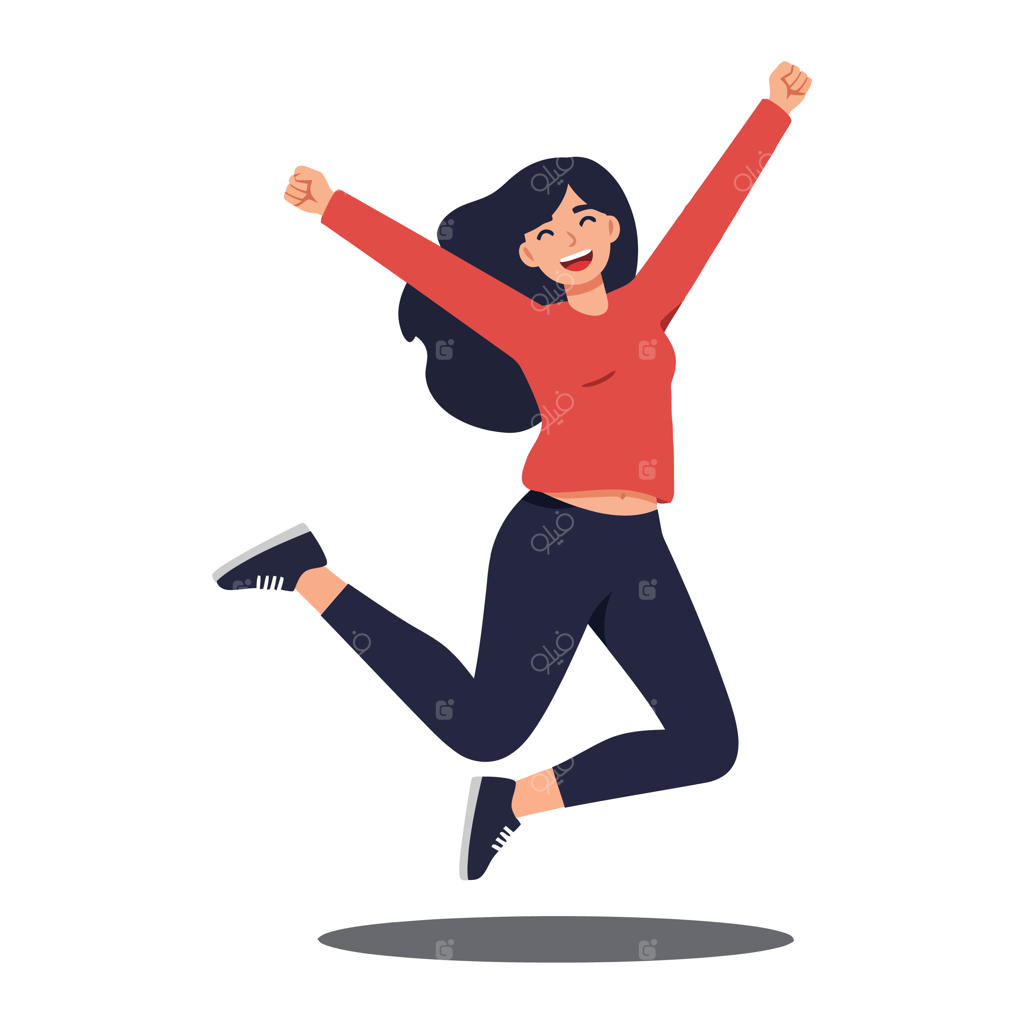 وکتور فلت زن جوان شاد با پیراهن قرمز و شلوار مشکی در حال پریدن با هیجان و القای حس شادی و آزادی در حرکت