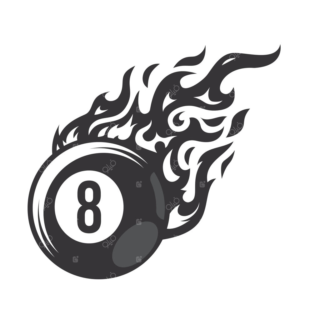 لوگوی شعله‌ای توپ بیلیارد شماره هشت. طراحی گرافیکی لوگو یا آیکون‌های باشگاه بیلیارد. تصویر برداری.