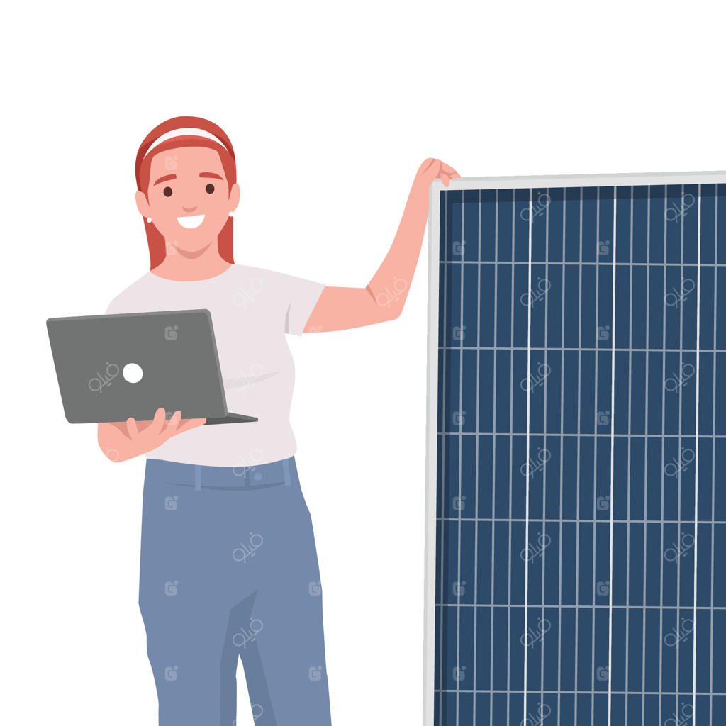 زنی با لپ‌تاپ در کنار پنل خورشیدی، نمادی از انرژی پاک ایستاده است.