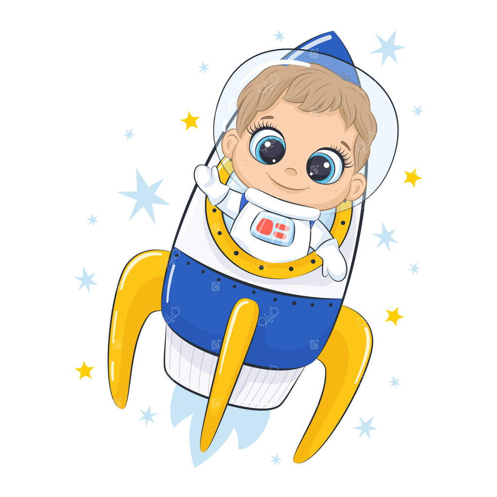 فضانورد دوست‌داشتنی با سفینه و ستاره‌ها.