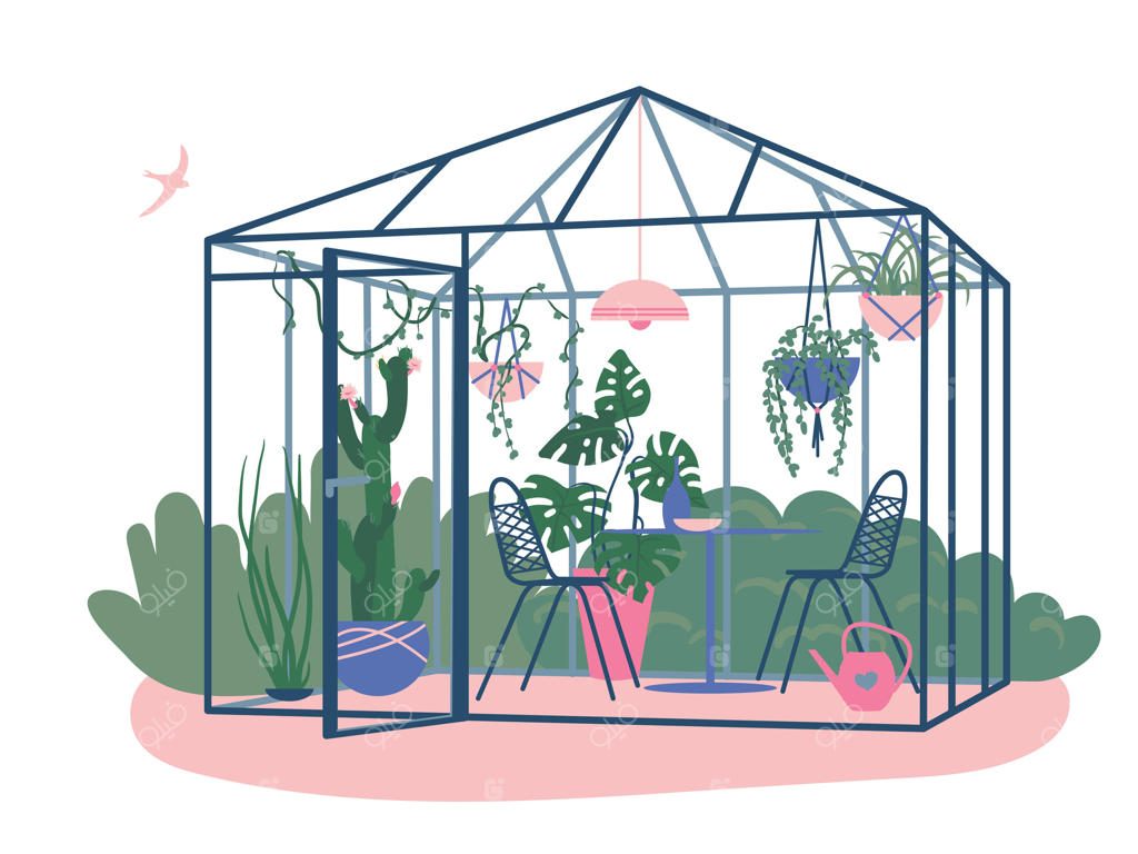 گلخانه‌ای با گل‌ها و مبلمان باغ. مکانی برای تفریح خانوادگی و باغبانی