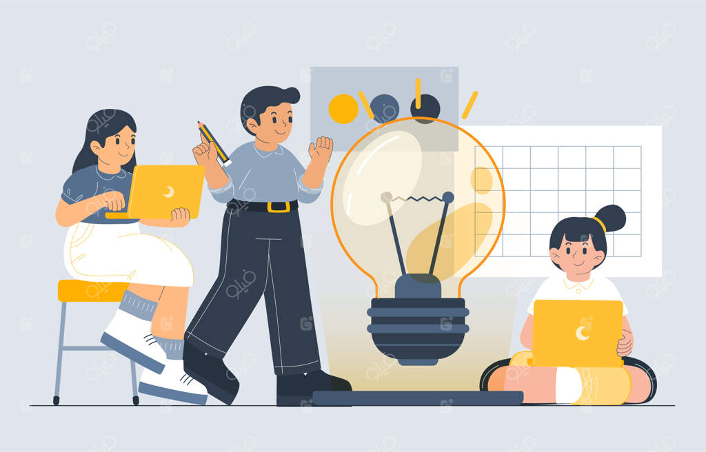 مرد و زن جوان در حال طوفان فکری برای ایده‌های نو