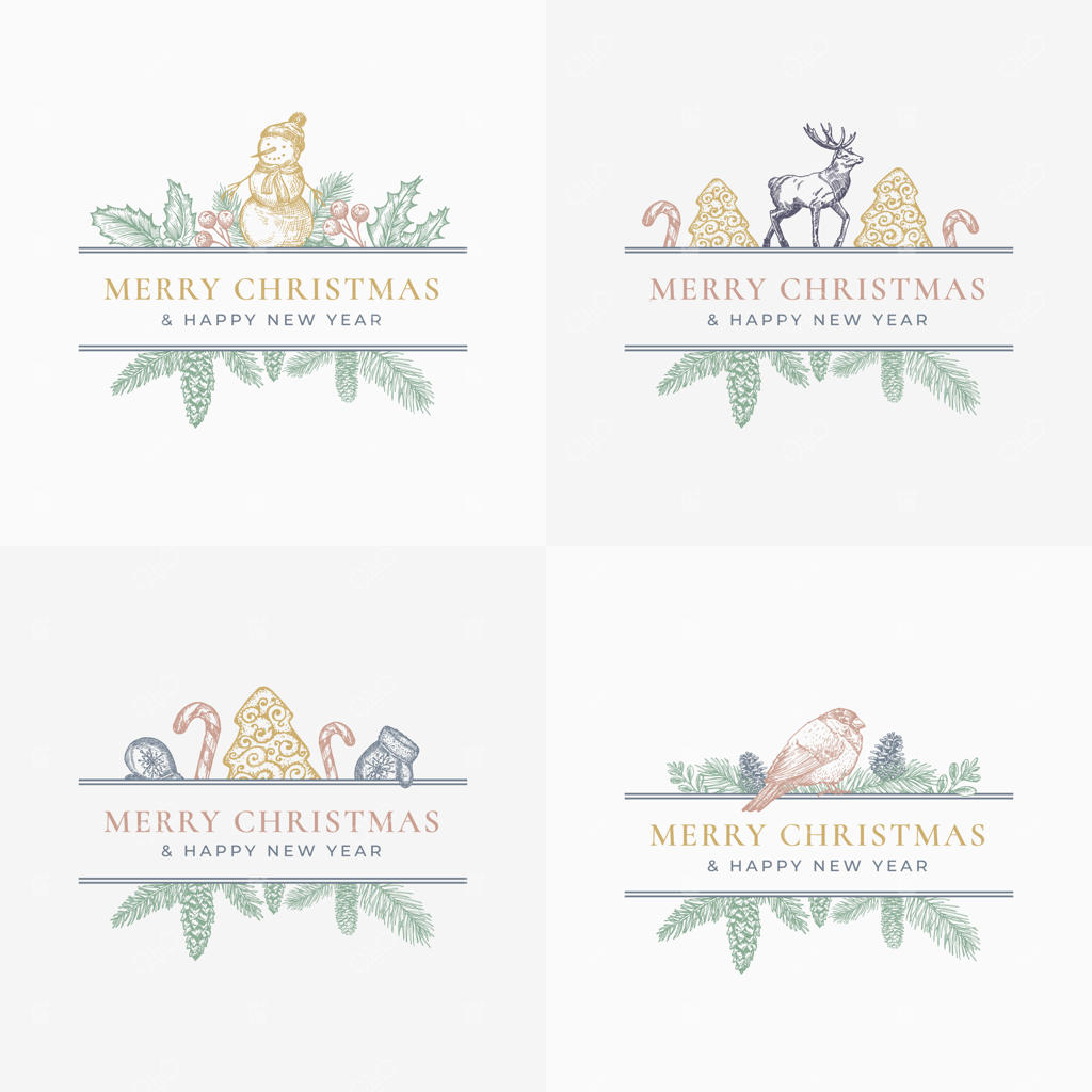 مجموعه کارت‌ها یا برچسب‌های تبریک کریسمس مبارک.