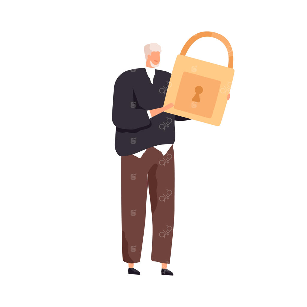 امنیت اینترنت، حفاظت از داده‌ها، دسترسی ایمن، محرمانگی و حریم خصوصی. مفهوم. شخصی کوچک با قفل بزرگ محکم و قوی. تصویرسازی رنگی و مسطح، جدا شده بر روی پس‌زمینه سفید.