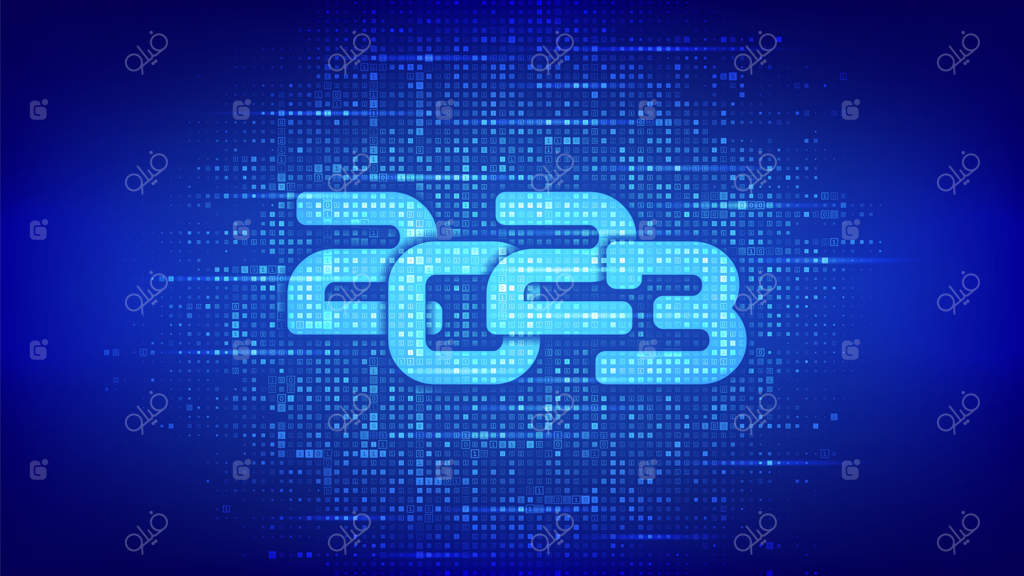 سال نو 2023 مبارک اعداد 2023 ساخته شده با کد باینری داده‌های دیجیتال و پس‌زمینه کد دیجیتال ماتریس پس‌زمینه با ارقام 10 تصویر برداری