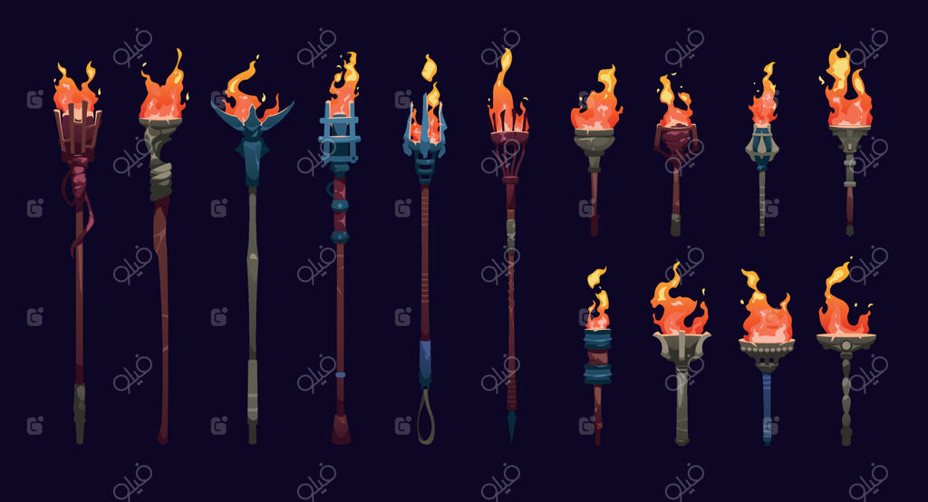 انیمیشن مشعل شعله‌ور کارتونی: مجموعه فریم‌های انیمیشن شعله‌ور شدن در قرون وسطی، شعله‌های آتش بر روی چوب و آهن برای دارایی‌های بازی. مجموعه وکتور
