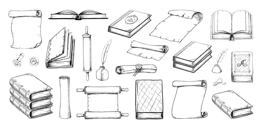 طومارها و کتاب‌های دست‌ساز باستانی: نامه‌ها و طومارهای قدیمی با کاغذ یا پوست صاف یا لوله شده مجموعه‌ای از صفحات عتیقه و کتاب‌های نقاشی شده با طرح‌های قدیمی و حکاکی شده